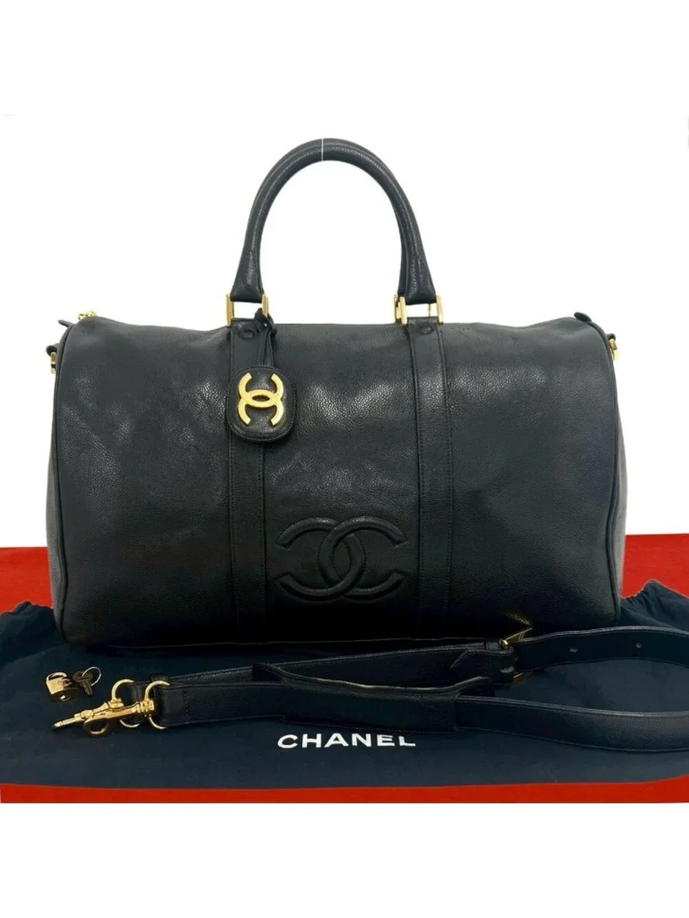 Chanel Jumbo CC Logo Caviar Leather 2-Way Boston Bag Black